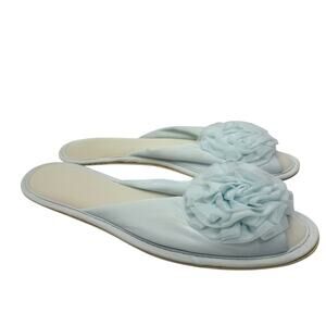 Vintage 60s Nylon Rosette Boudoir Slippers Baby Blue Size 9.5-10 House Shoes